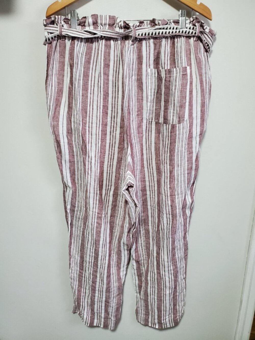 H&M x LEMLEM 100% Linen 28" Paperbag Pants Red White Stripe XL Belt Beach Travel - Picture 8 of 14